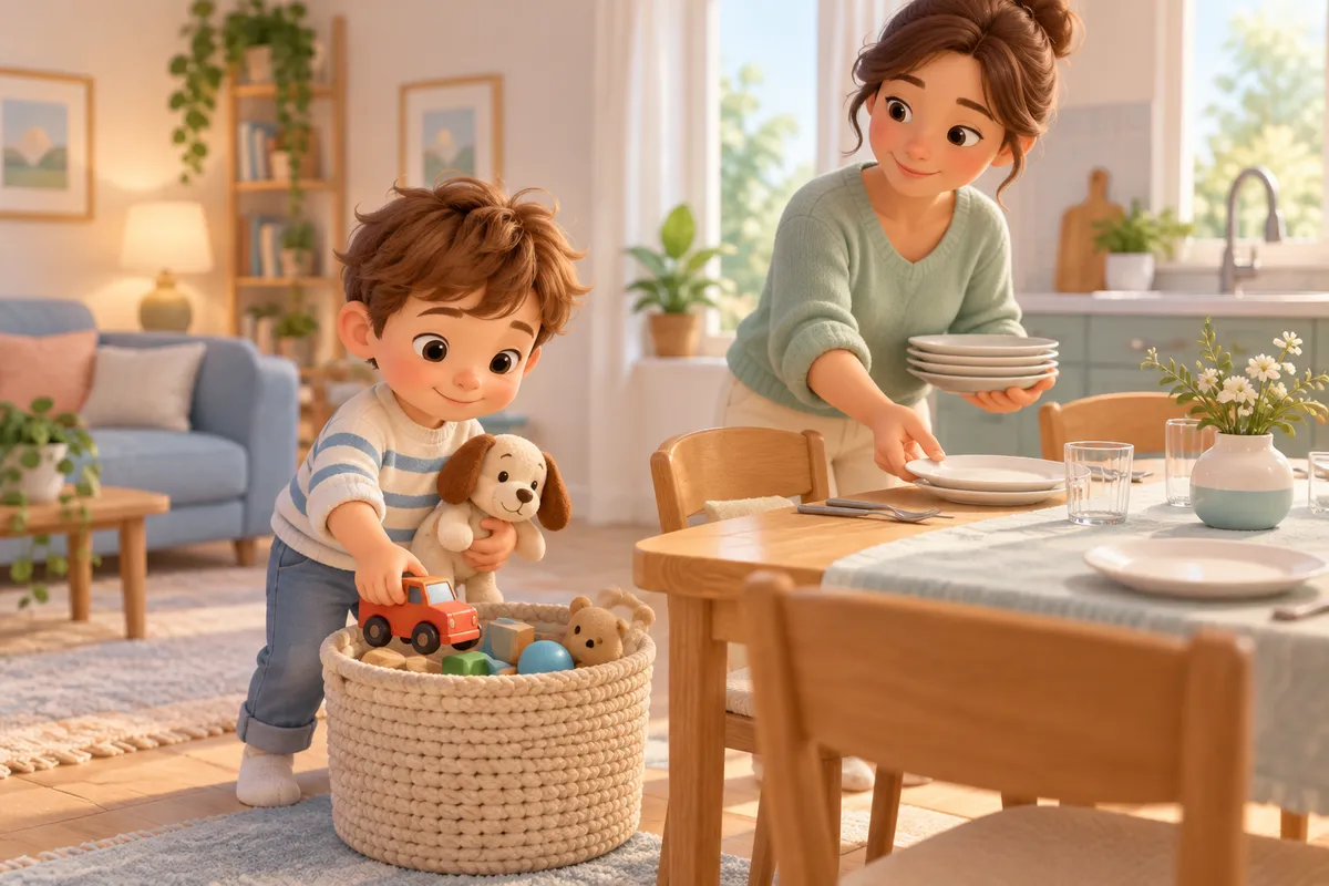 Un jeune enfant range ses jouets dans un panier tandis qu’une femme dresse la table dans la salle à manger