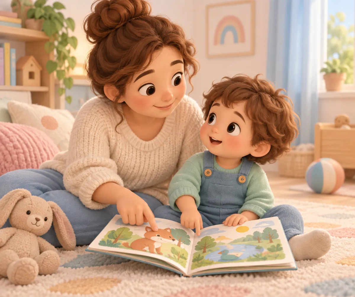 Une femme lit un livre illustré avec un jeune enfant assis dans une chambre chaleureuse