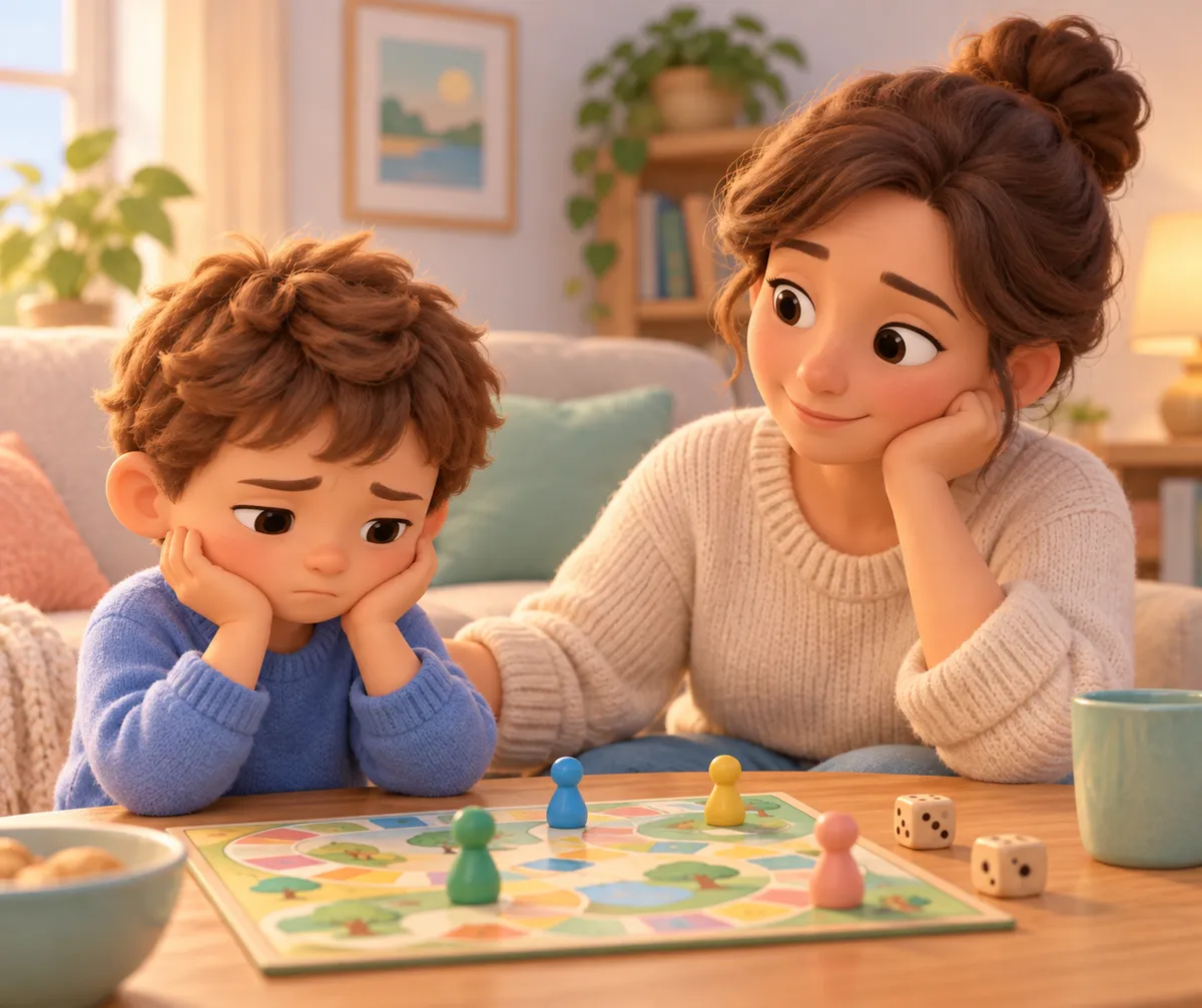 Un enfant l’air inquiet joue à un jeu de société avec une femme dans un salon