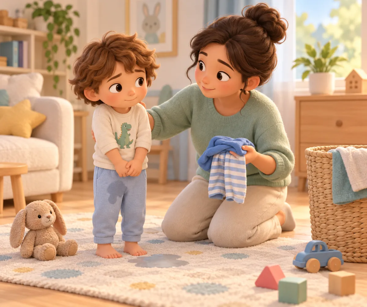 Une mère agenouillée rassure un enfant aux vêtements mouillés dans une chambre, parmi des jouets