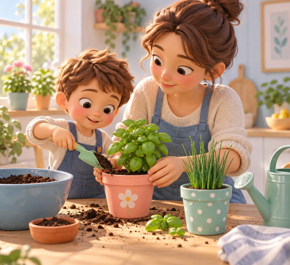 Une femme et un enfant plantent du basilic dans un pot, avec de la terre, de la ciboulette et un arrosoir