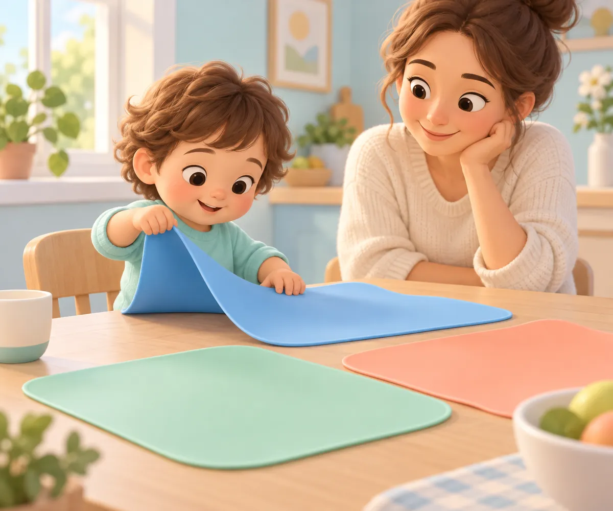 Un enfant décolle une grande plaque en silicone bleue d’une table sous le regard d’une adulte