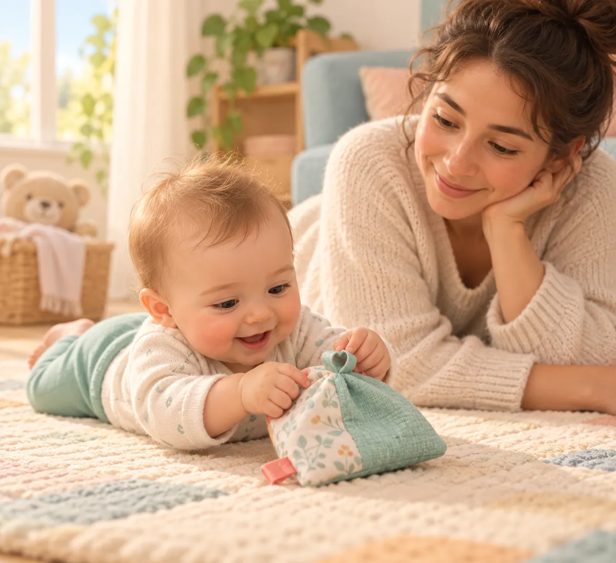 Un bébé manipule une pochette en tissu coloré sur un tapis, sous le regard attentif de sa mère