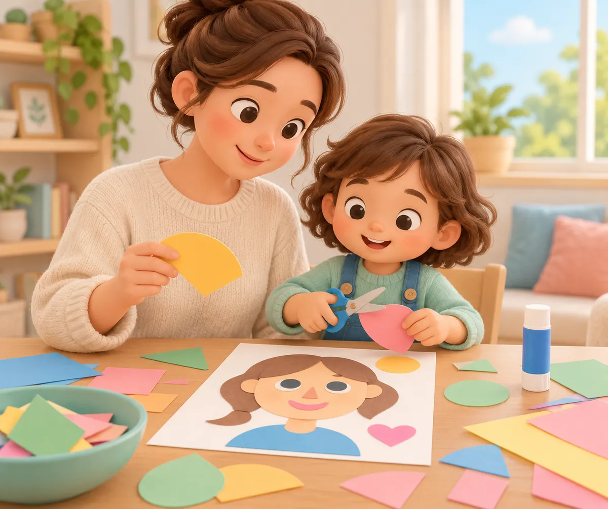 Un adulte et un enfant composent un portrait avec des formes en papier coloré autour d’eux