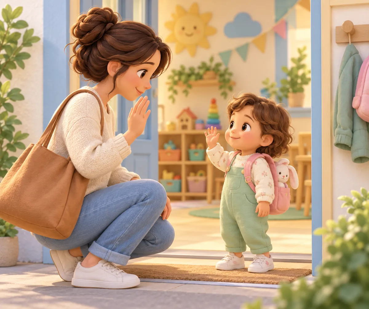 Une mère accroupie salue son enfant portant un petit sac à dos devant l’entrée de la crèche