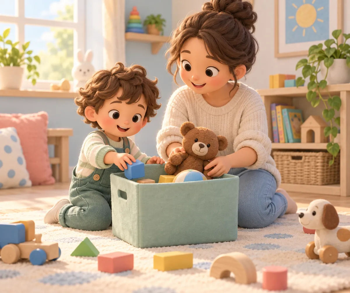 Une adulte et un jeune enfant rangent des jouets dans une boîte, entourés de cubes et d’un chien en bois