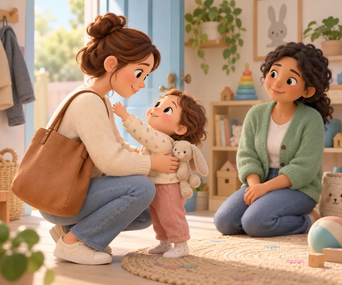 Une adulte accroupie enlace un jeune enfant tenant un doudou, tandis qu’une autre femme les regarde