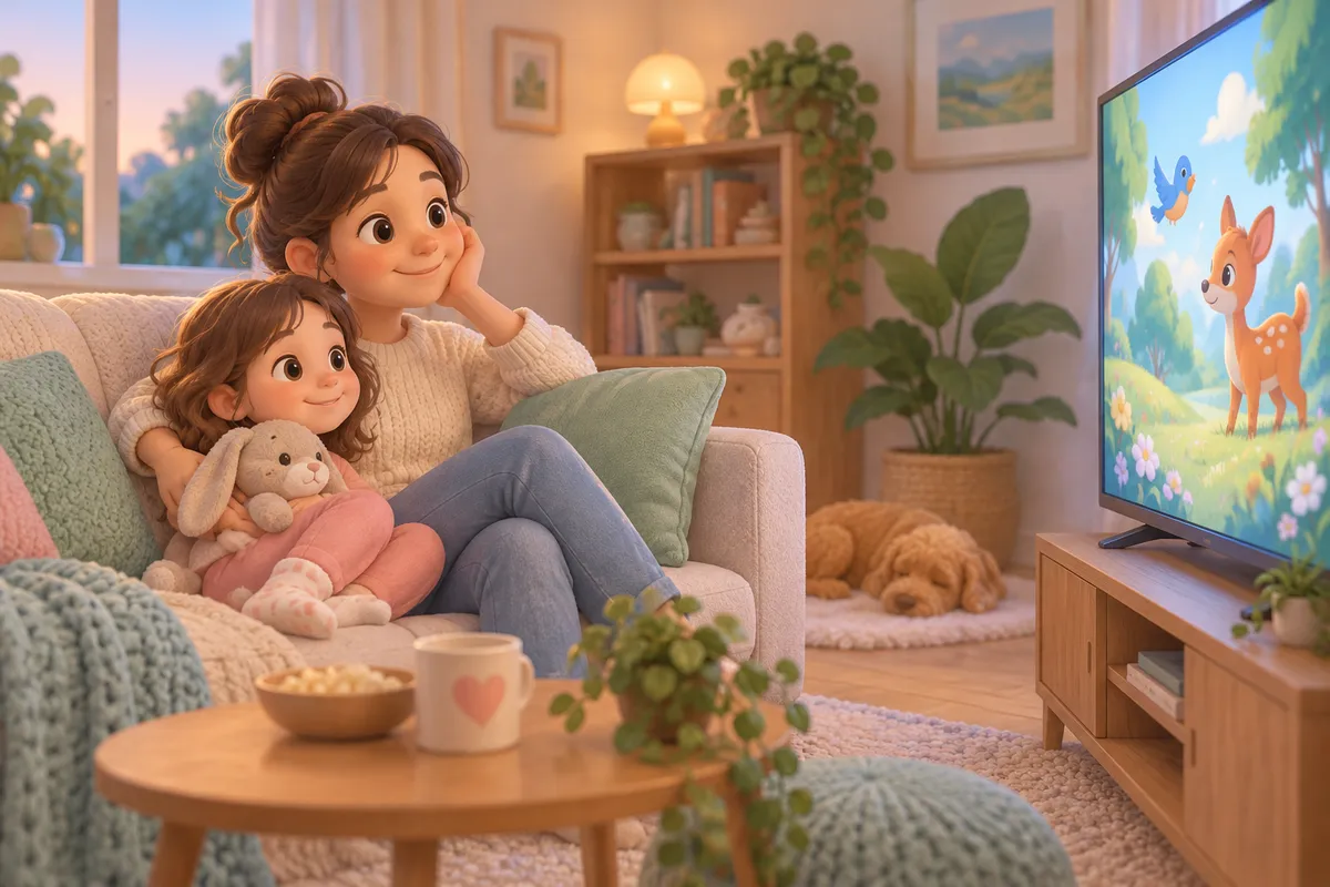 Une femme et une petite fille regardent un programme pour enfants à la télévision, assises sur un canapé