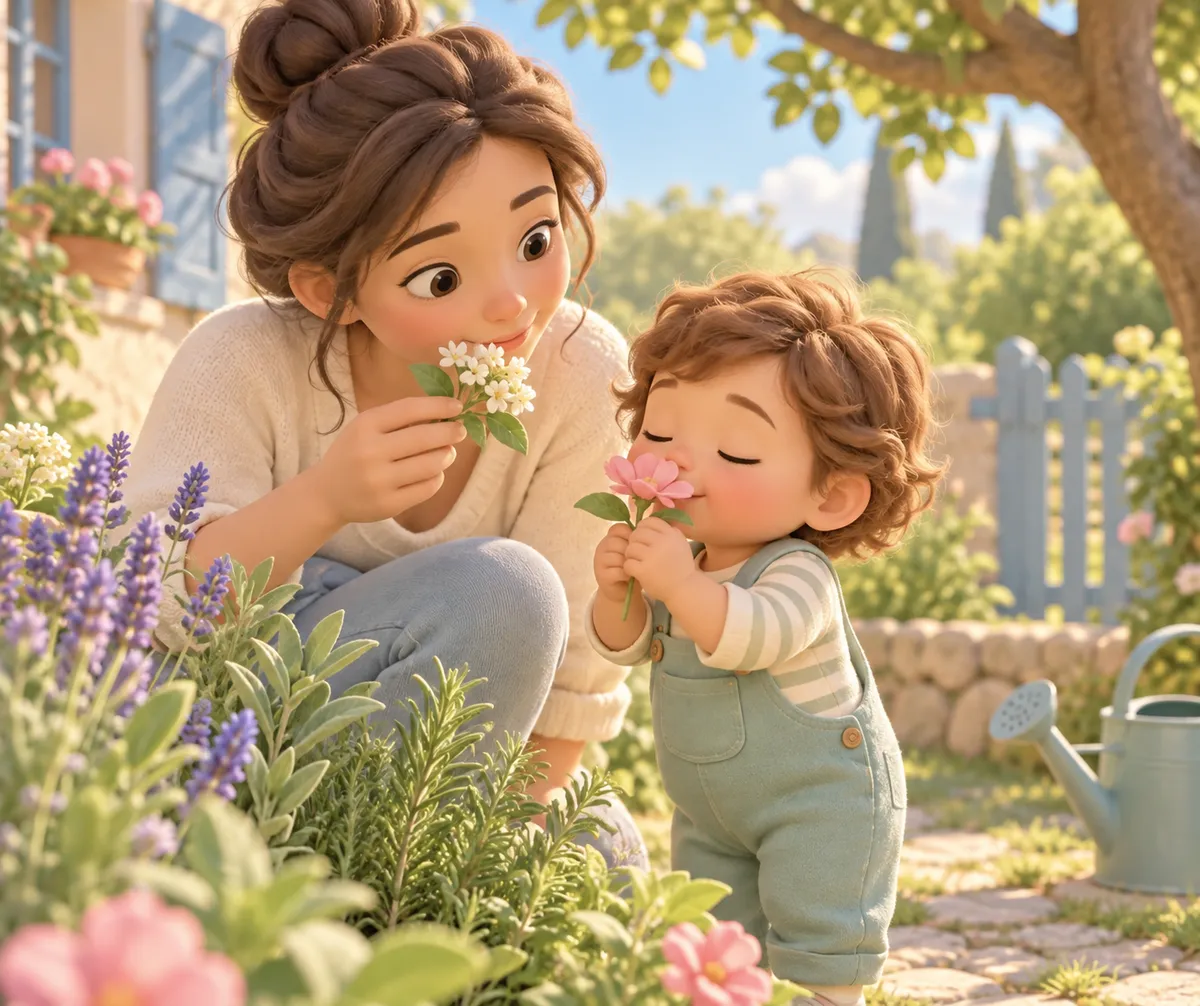 Dans un jardin fleuri, une femme et un enfant sentent des fleurs parmi les plantes et un arrosoir