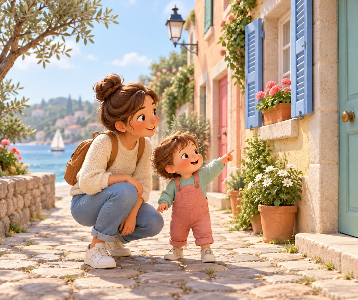 Une femme et un enfant montrent du doigt une porte et des fenêtres colorées dans une rue fleurie