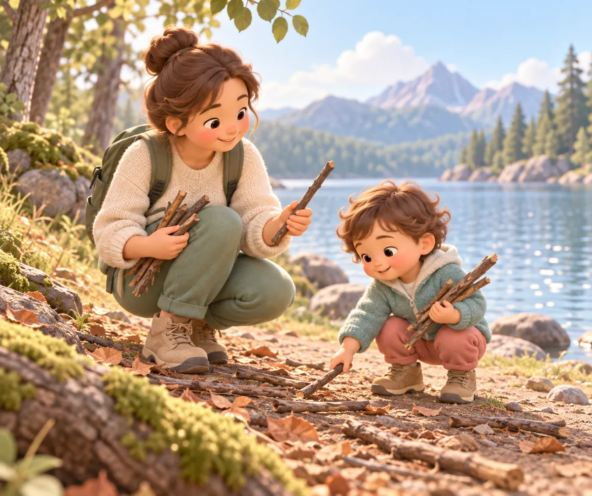 Une adulte et un jeune enfant ramassent des bâtons sur un sentier au bord d’un lac entouré de montagnes