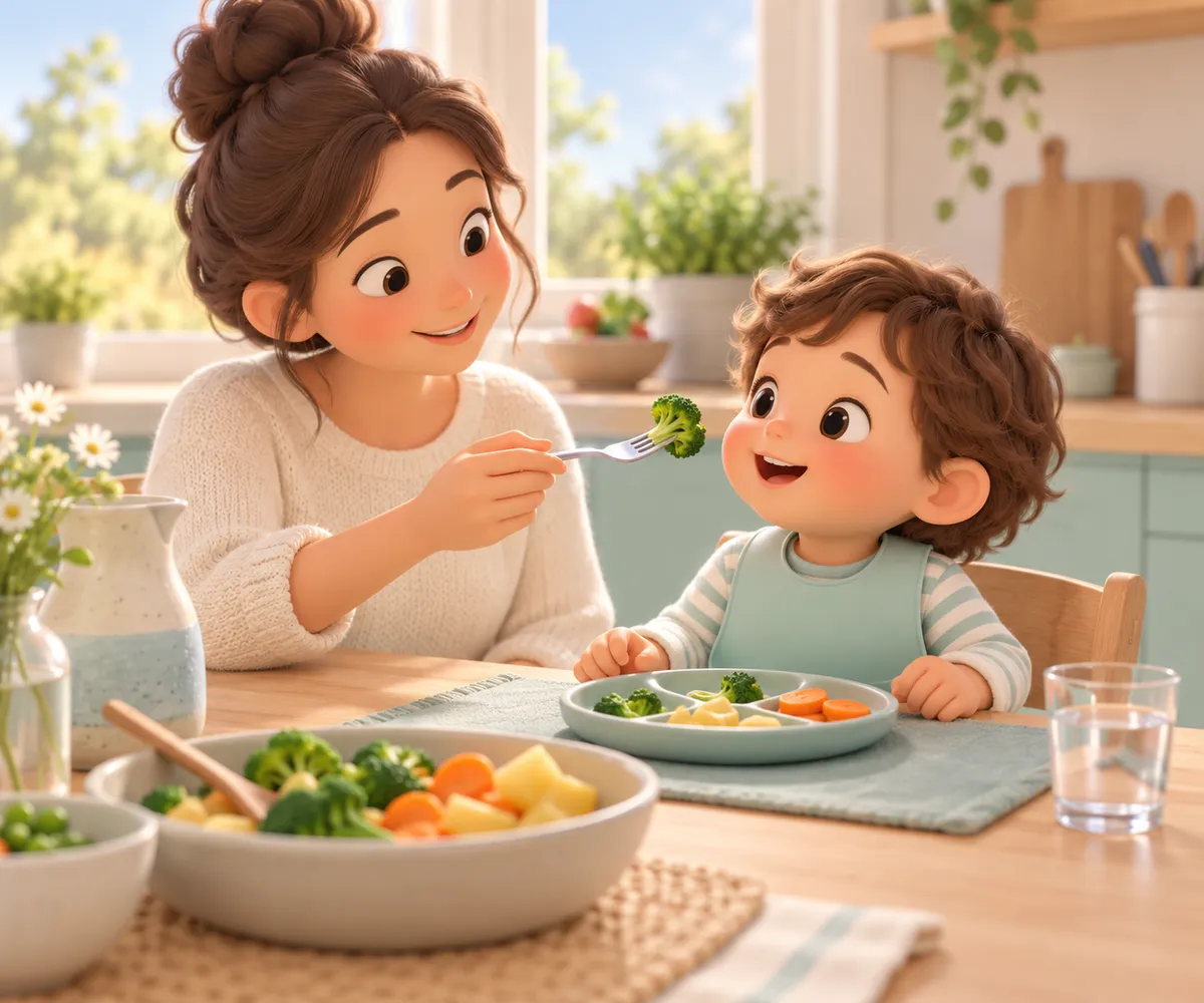 Une femme propose du brocoli à un jeune enfant assis à table, devant une assiette de légumes