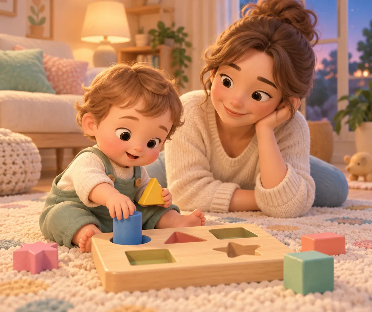 Un jeune enfant encastre des formes colorées dans un puzzle en bois sous le regard d’une femme