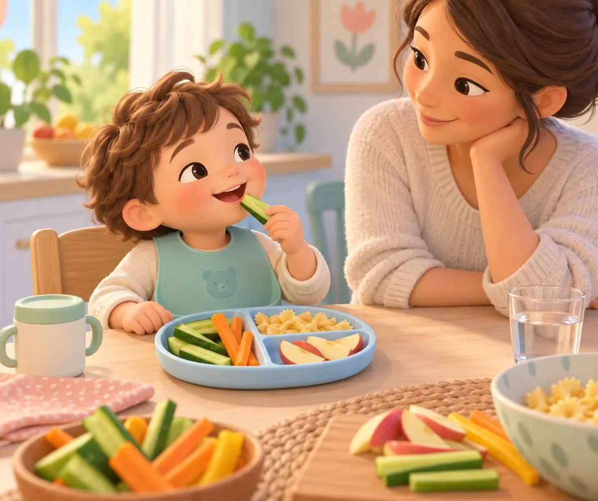 Un jeune enfant mange un bâtonnet de concombre à table, devant une assiette compartimentée, sous le regard d’une femme