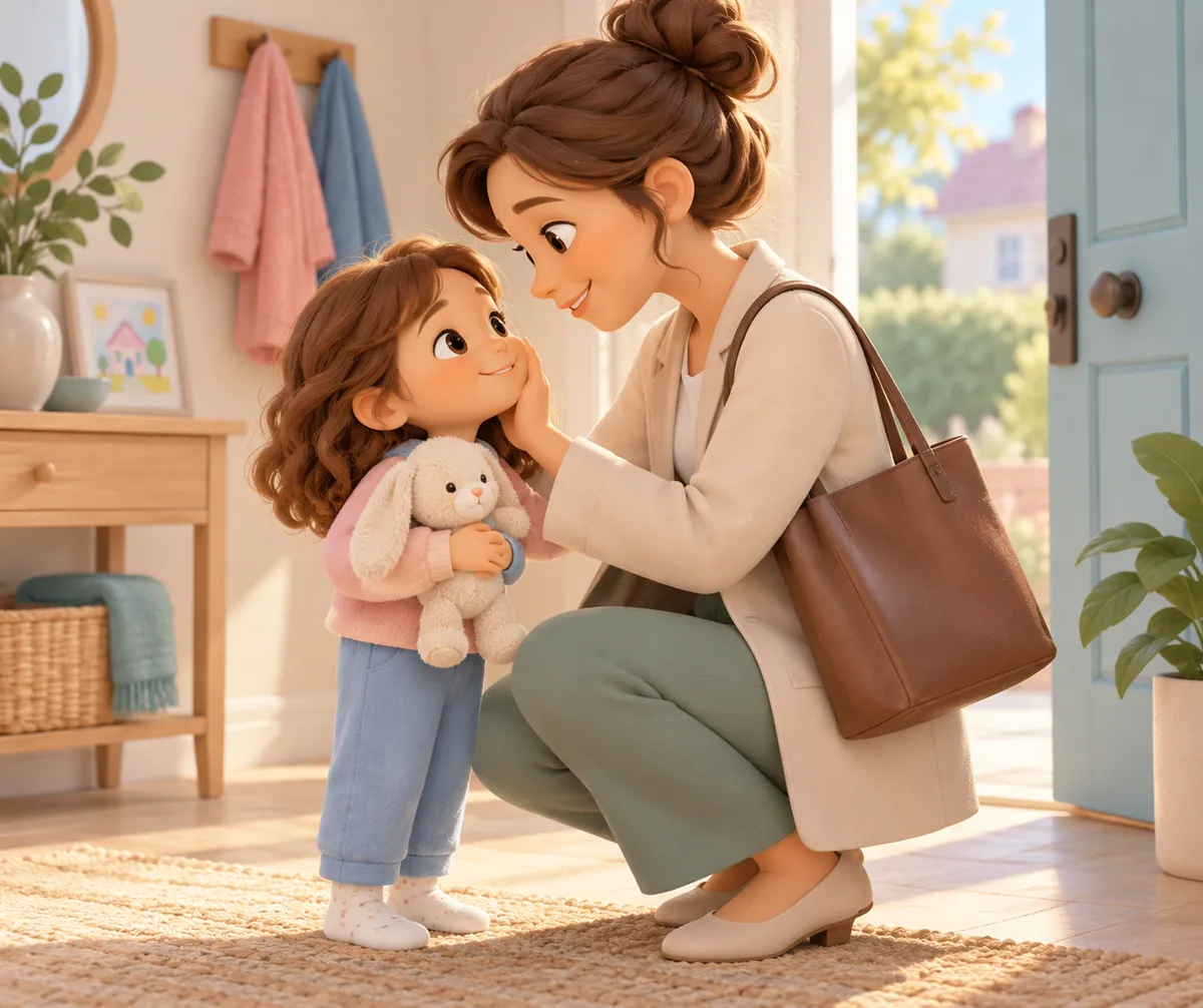 Une femme avec un sac s’accroupit pour saluer une fillette tenant un lapin en peluche près de la porte