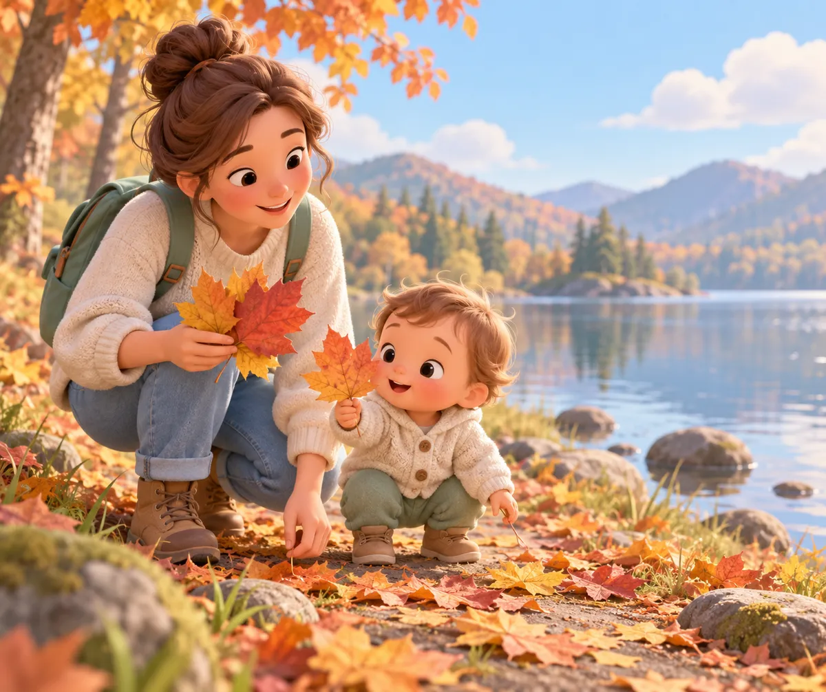 Une mère et un jeune enfant ramassent des feuilles colorées au bord d’un lac entouré de montagnes