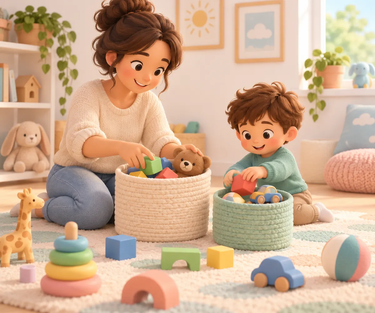 Une mère et son enfant rangent des jouets dans deux paniers au milieu d'une chambre d'enfant