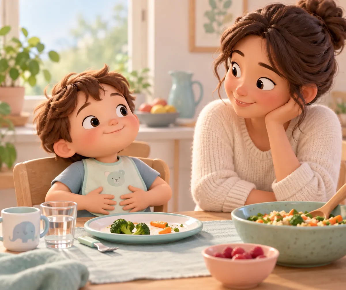 Un enfant pose les mains sur son ventre devant son assiette, assis à table avec sa mère