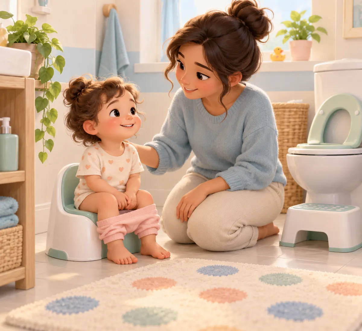 Une mère accompagne sa petite fille assise sur un pot dans la salle de bains, près des toilettes