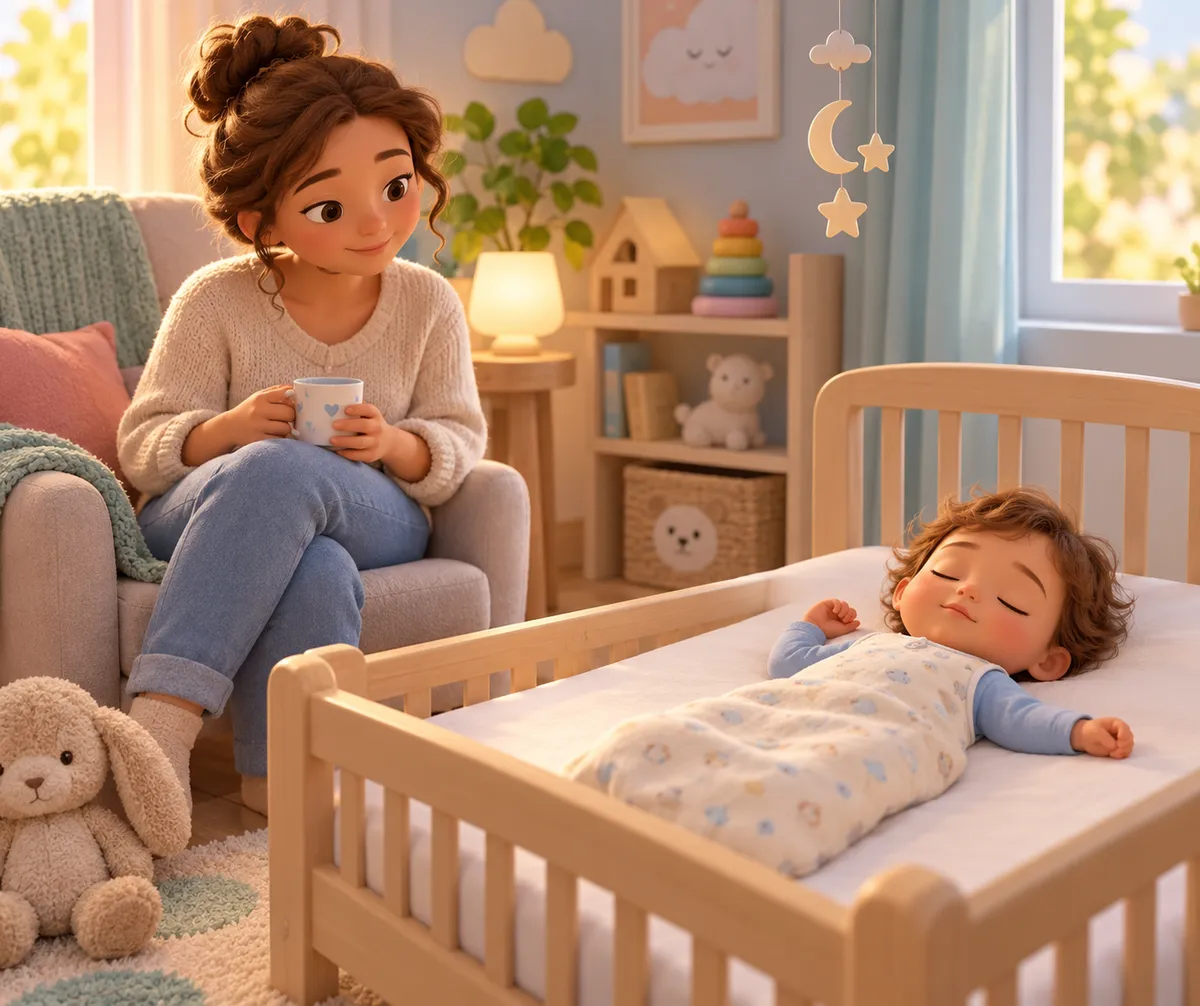 Une femme assise près d’un lit à barreaux regarde un enfant endormi dans une chambre entourée de jouets