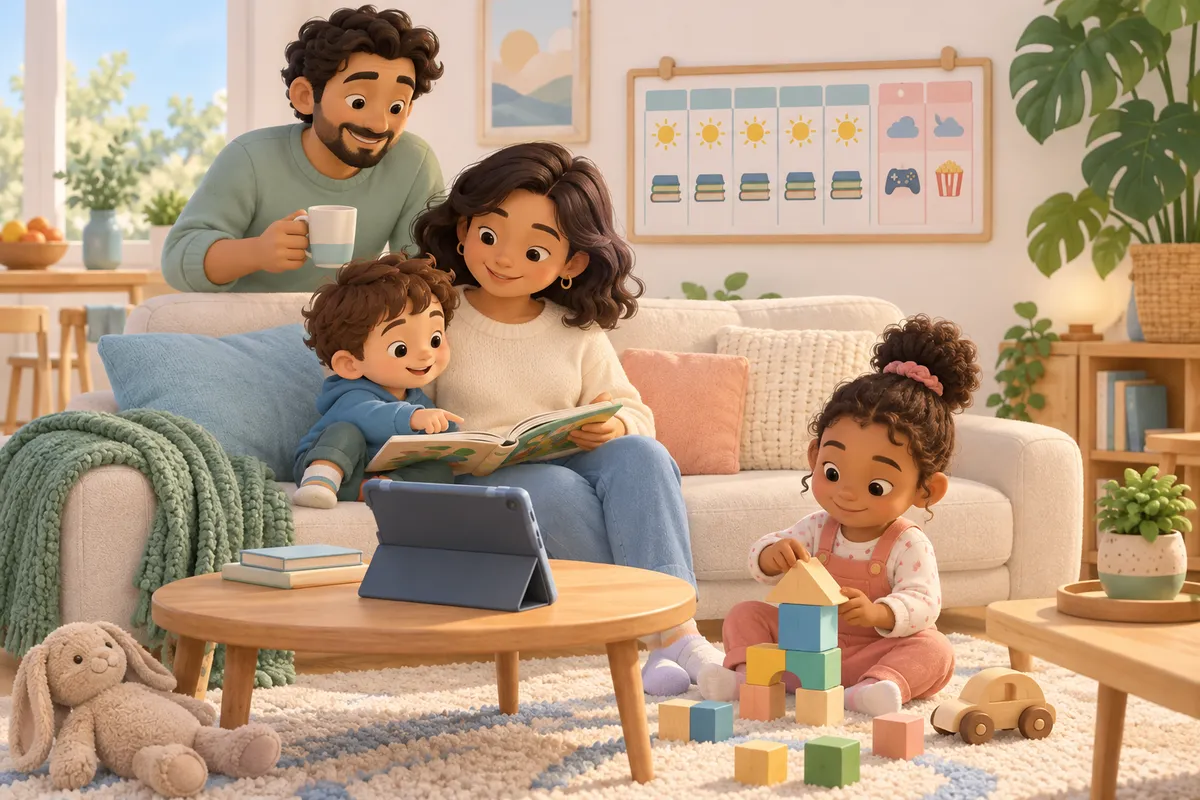 Deux parents et deux enfants se retrouvent au salon, entre lecture, jeu de construction et tablette