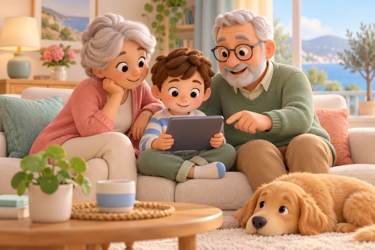 Un enfant regarde une tablette entre ses grands-parents dans un salon, avec un chien au premier plan