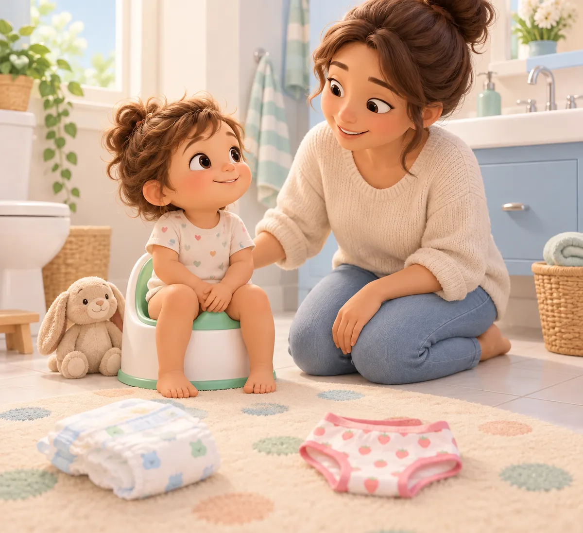 Une mère accompagne une petite fille assise sur un pot dans la salle de bains, couches et culotte au sol