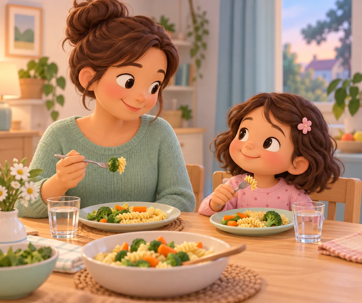 Une femme et une fillette mangent des pâtes et des légumes autour d’une table dans une salle à manger