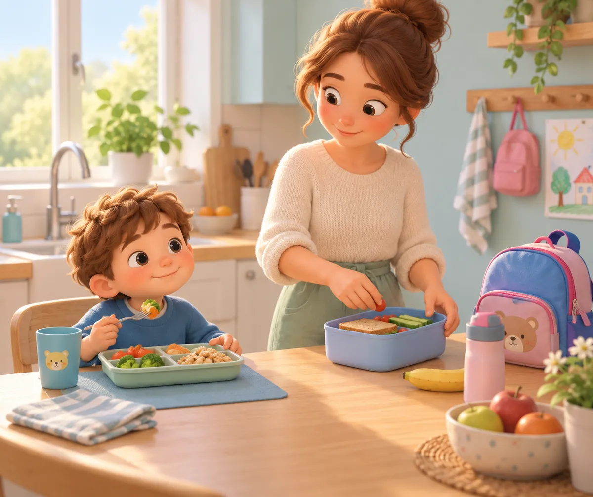 Une mère sert un repas à un enfant tandis que deux autres enfants mangent à table, à la maison et à l’école