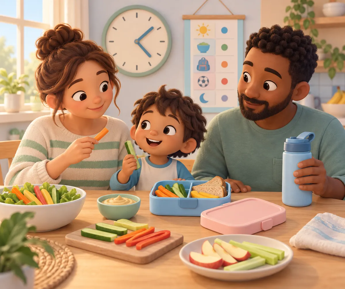 Une mère et un père préparent un repas avec leur enfant, des légumes, une boîte-repas et une gourde