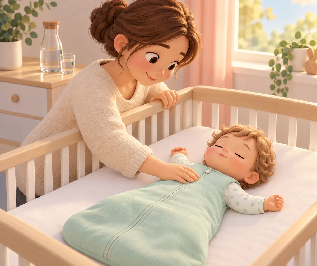 Une femme veille sur un bébé endormi dans un berceau, la main posée sur sa couverture