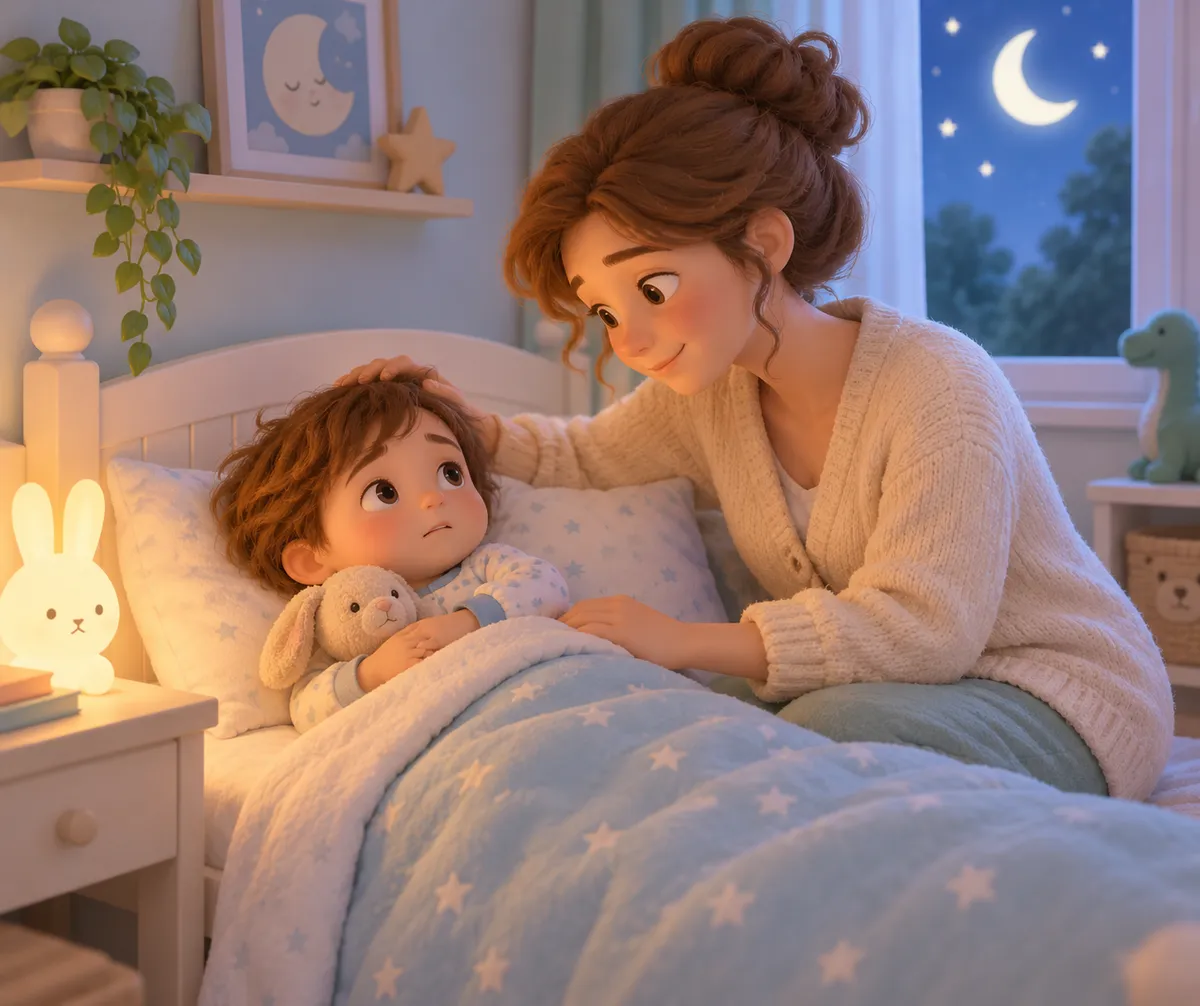 Une mère veille auprès de son enfant éveillé dans un lit, avec un doudou, sous la lumière de la lune