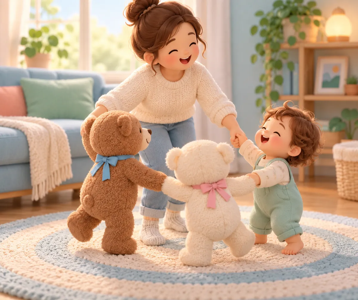 Un adulte et un enfant rient en faisant une ronde avec deux peluches dans le salon