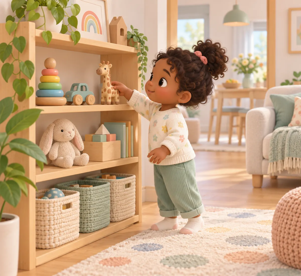 Une petite fille prend une girafe parmi les jouets rangés sur une étagère du salon