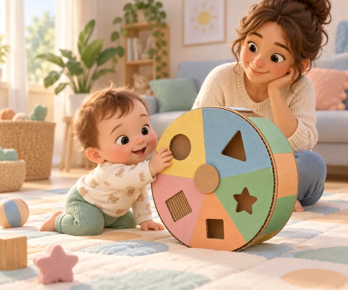 Un bébé fait tourner une grande roue en carton colorée sous le regard d’une adulte dans le salon