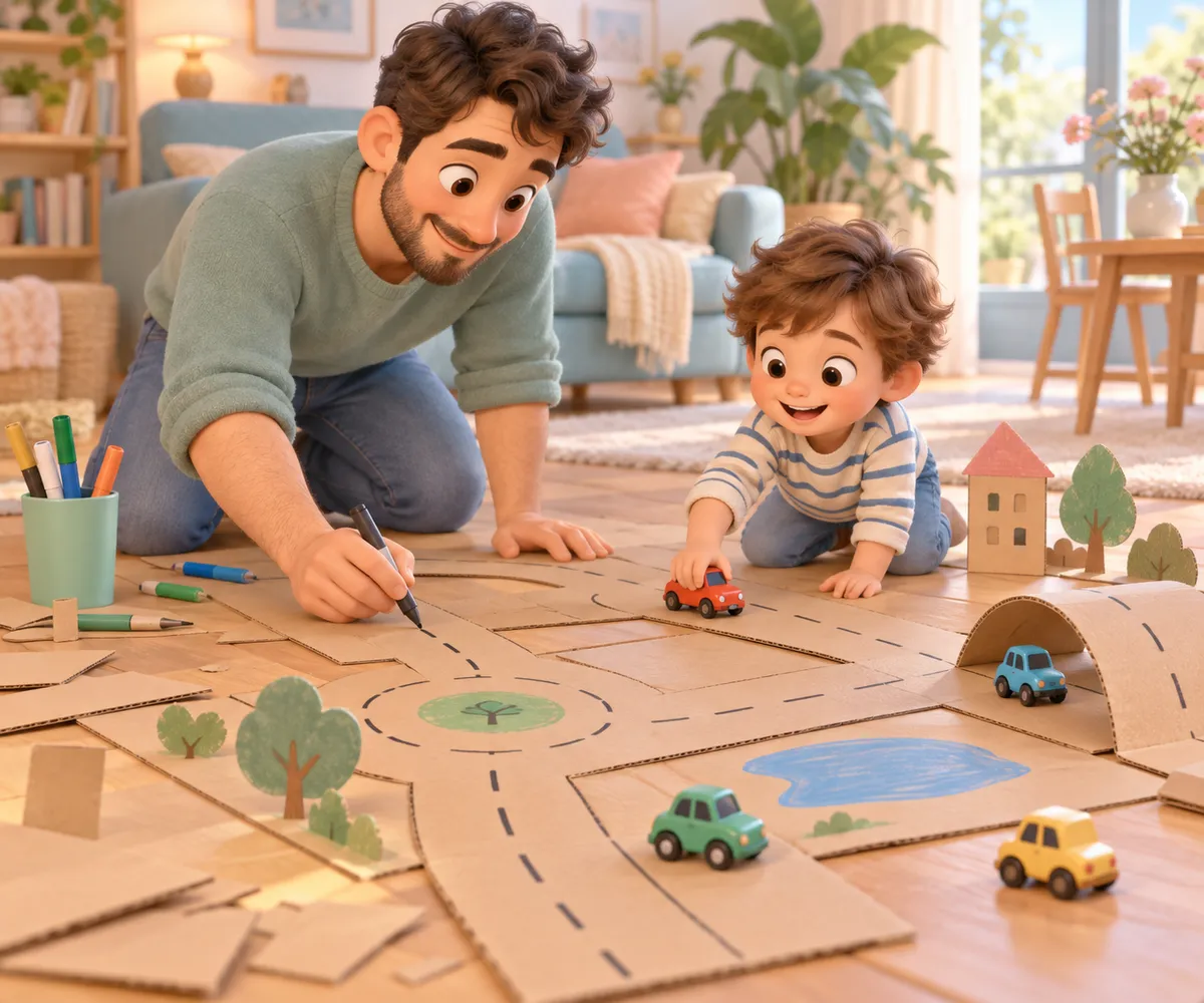 Un parent et un enfant dessinent une route en carton avec des petites voitures au sol