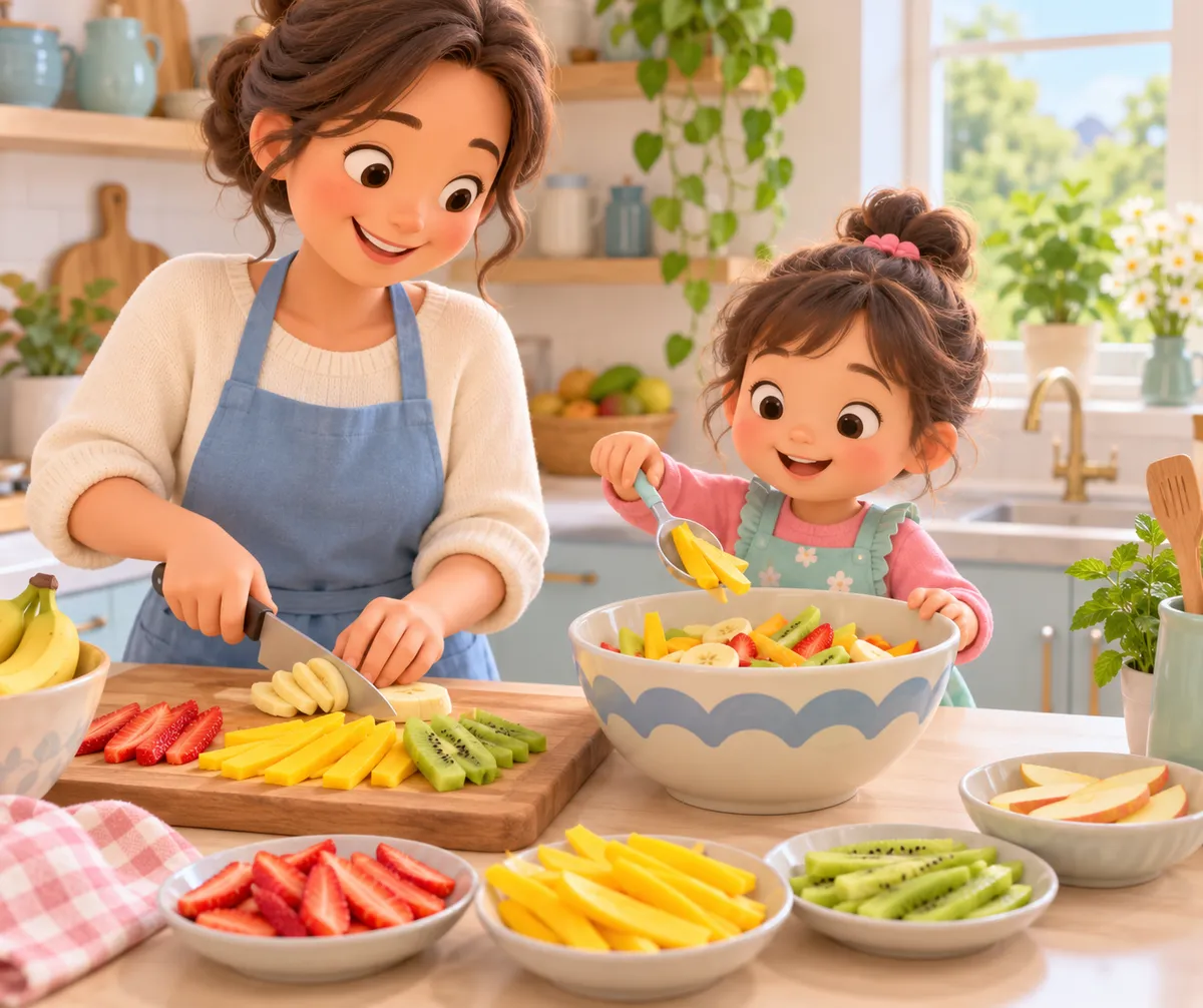 Une femme et une petite fille préparent une salade de fruits dans une cuisine, entourées de fruits découpés