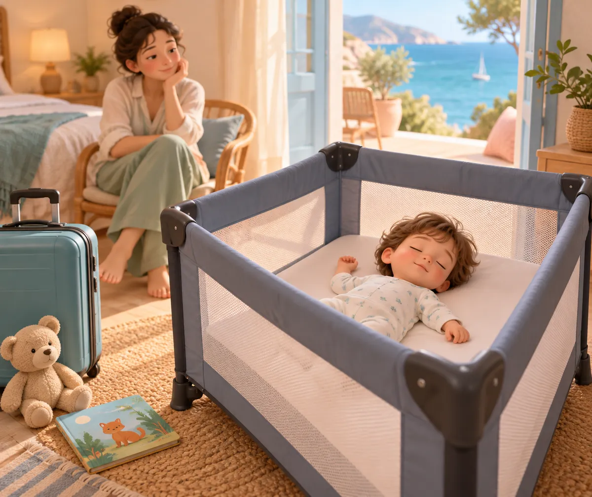 Un bébé dort dans un lit parapluie, avec une valise et un doudou, tandis qu’une femme est assise près de lui