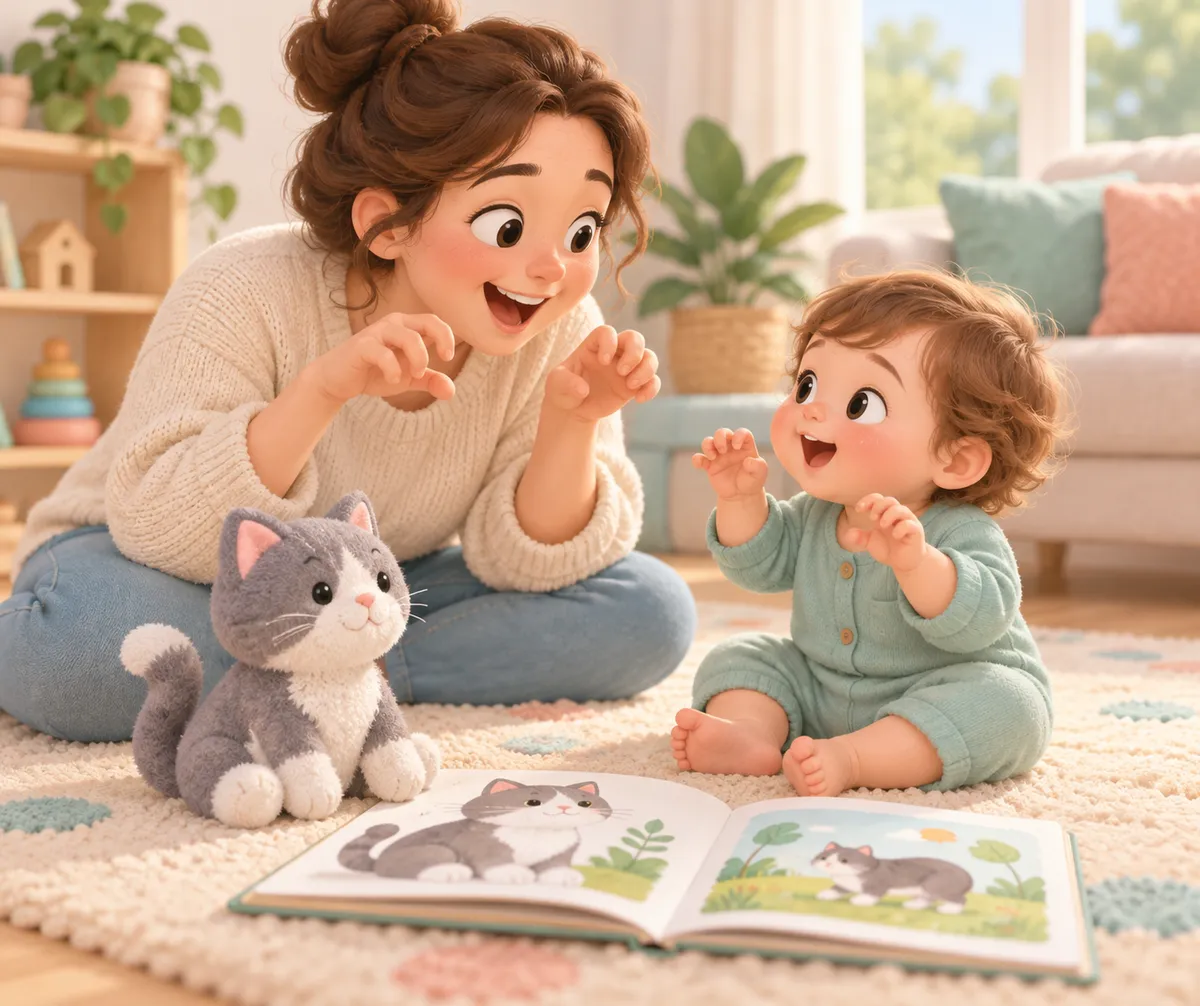 Une mère et son bébé jouent à imiter un chat devant un livre d’images, dans un salon