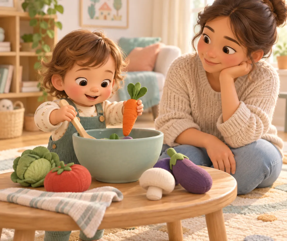 Un enfant prépare une soupe imaginaire avec des légumes en tissu dans un bol, sous le regard d’une adulte