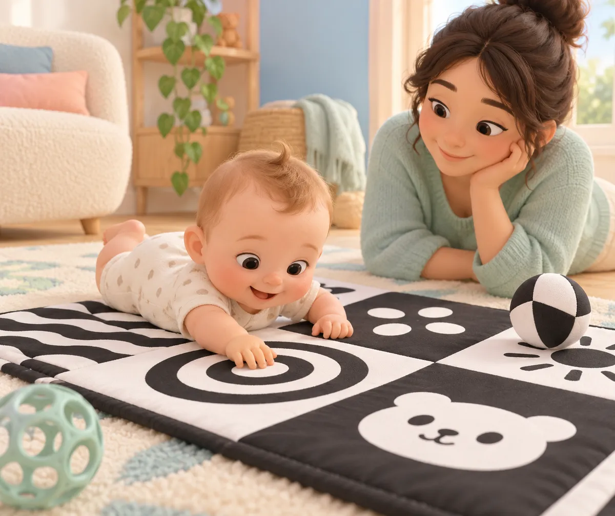 Un bébé explore un tapis noir et blanc avec une balle, sous le regard d’un parent dans un salon lumineux