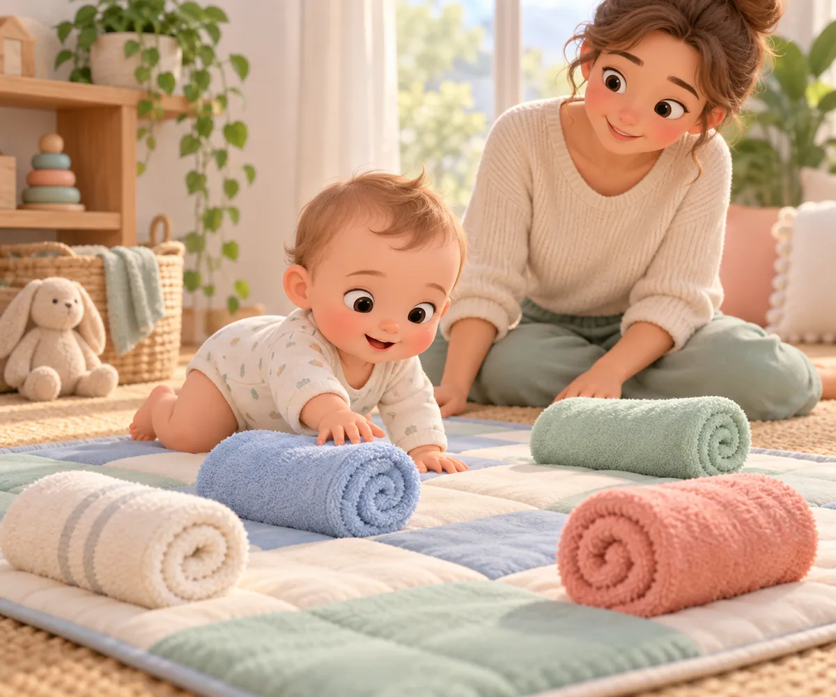 Un bébé rampe sur un tapis matelassé entre des serviettes roulées, sous le regard d’une femme