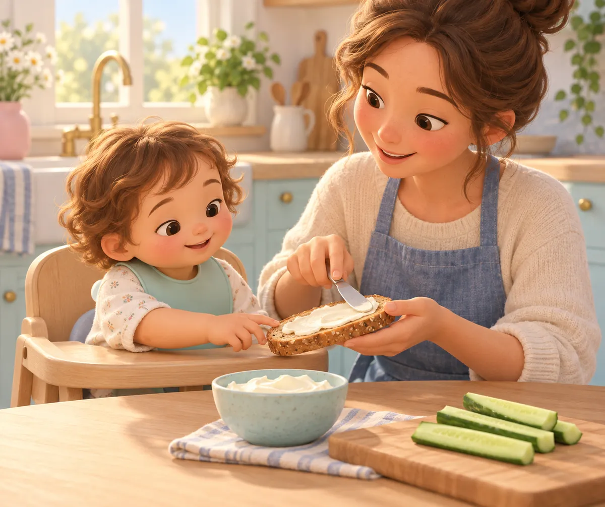 Une femme et un enfant préparent une tartine de fromage frais dans la cuisine, avec des concombres