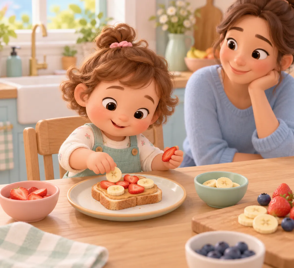 Une enfant décore une tartine de fruits sous le regard d’une adulte dans la cuisine