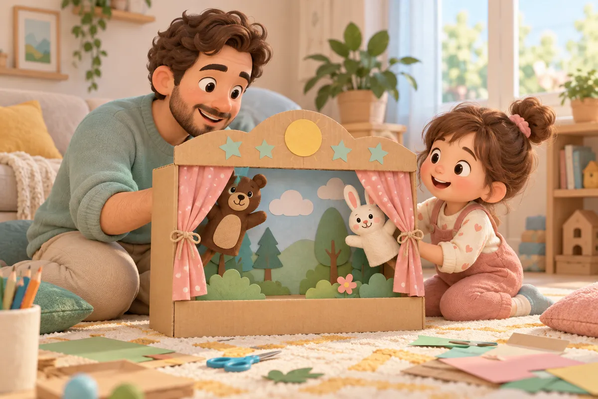 Un homme et une fillette jouent avec un théâtre en carton où apparaissent un ours et un lapin