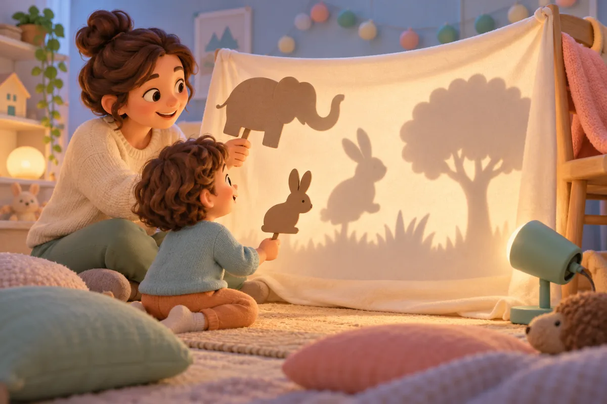 Une mère et un enfant jouent au théâtre d’ombres avec des silhouettes d’animaux devant un drap éclairé