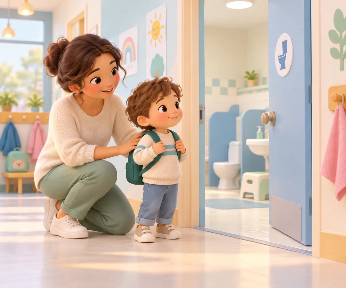 Une mère accompagne son enfant devant les toilettes de l’école, dans un couloir coloré