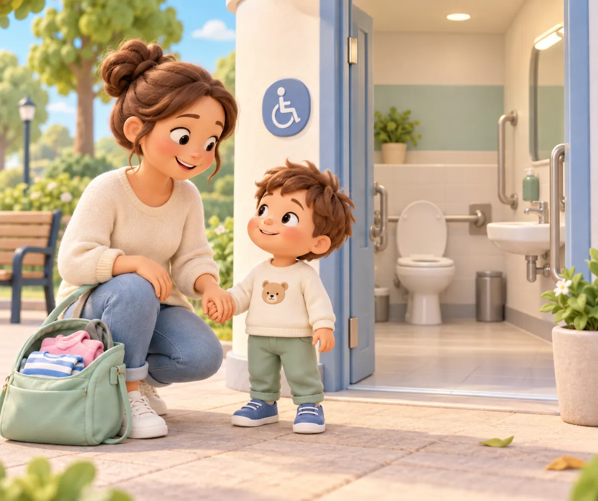 Une mère tient la main de son enfant devant les toilettes accessibles d’un lieu public