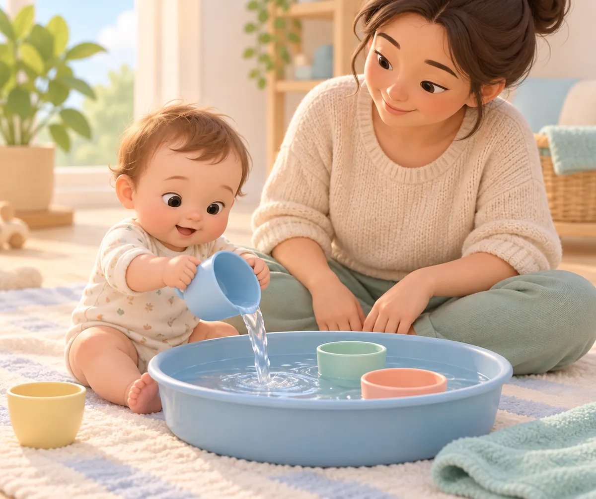 Un bébé verse de l’eau d’un gobelet dans une bassine, assis près d’une adulte