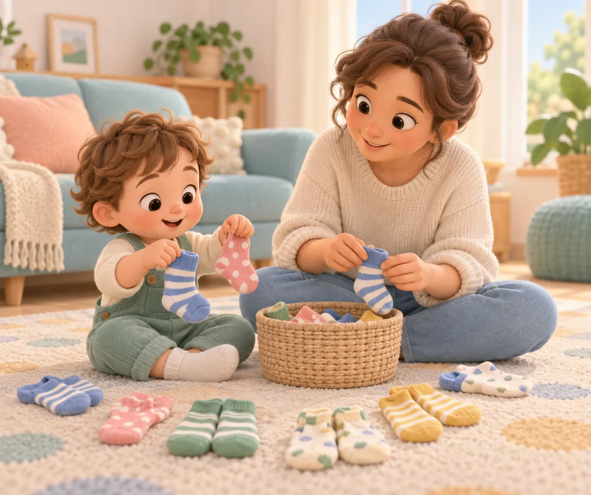 Une femme et un tout-petit associent des chaussettes colorées dans un panier, assis sur un tapis